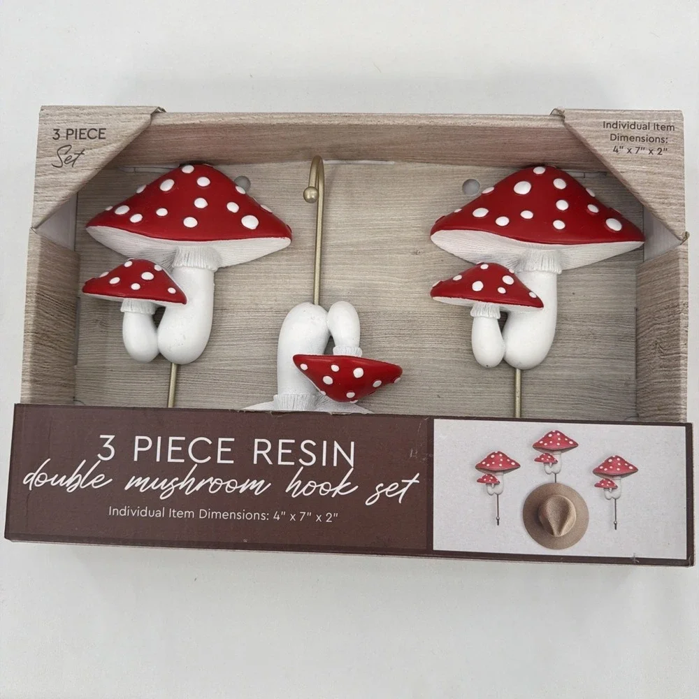 Mushroom Hook Set Red White Polka Dot Resin 3 Piece Cottage Garden Whimsical
